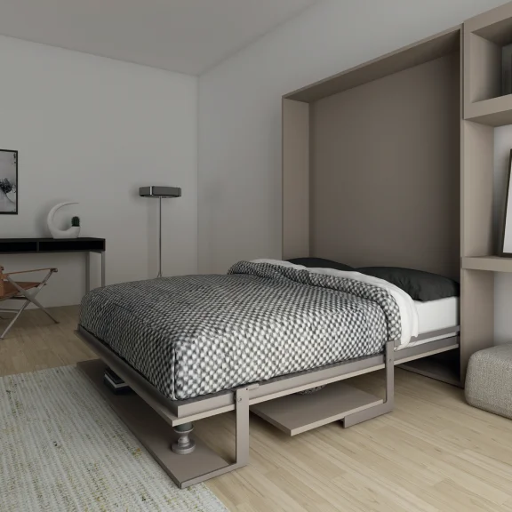 Klappbett vertikal mit 1 Tisch und 1 Regalboden