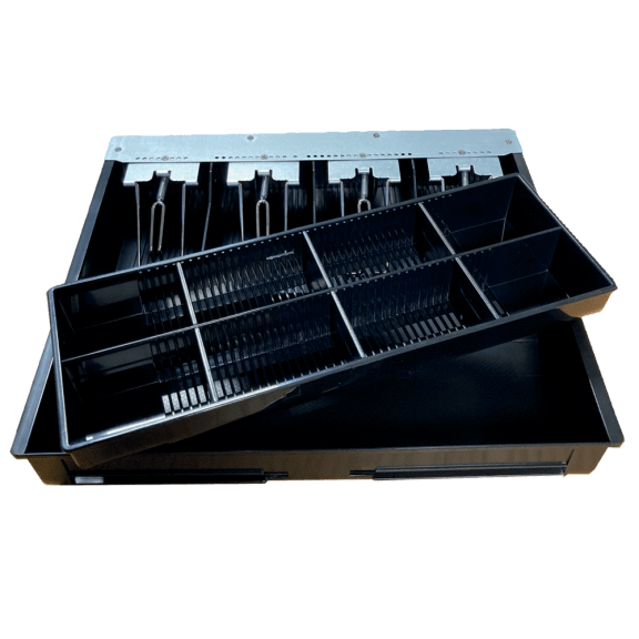 Geldlade, muntstukken en cheques