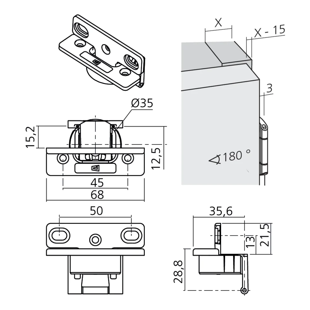 Charnière uniaxe à bras raccourci