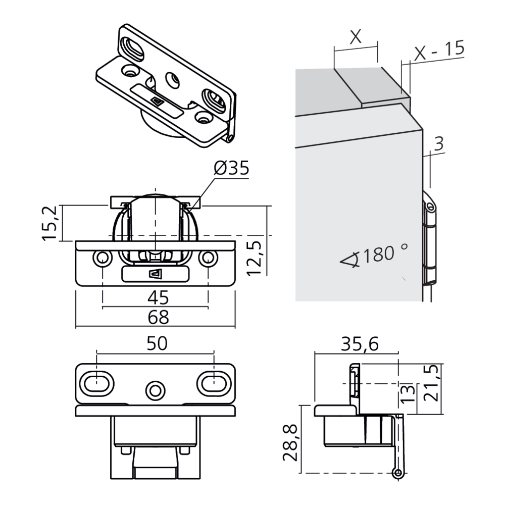 Charnière uniaxe à bras raccourci