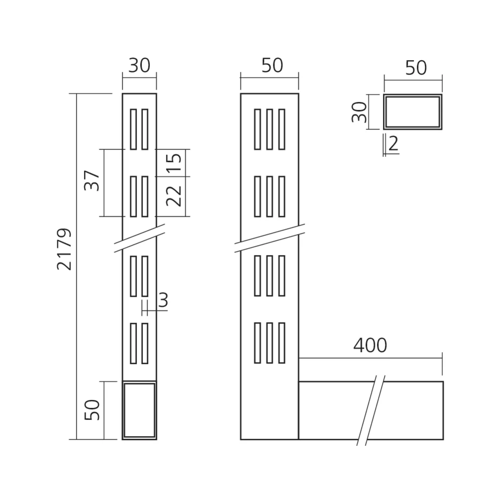 Montant rayonnage simple face 50 x 30 mm