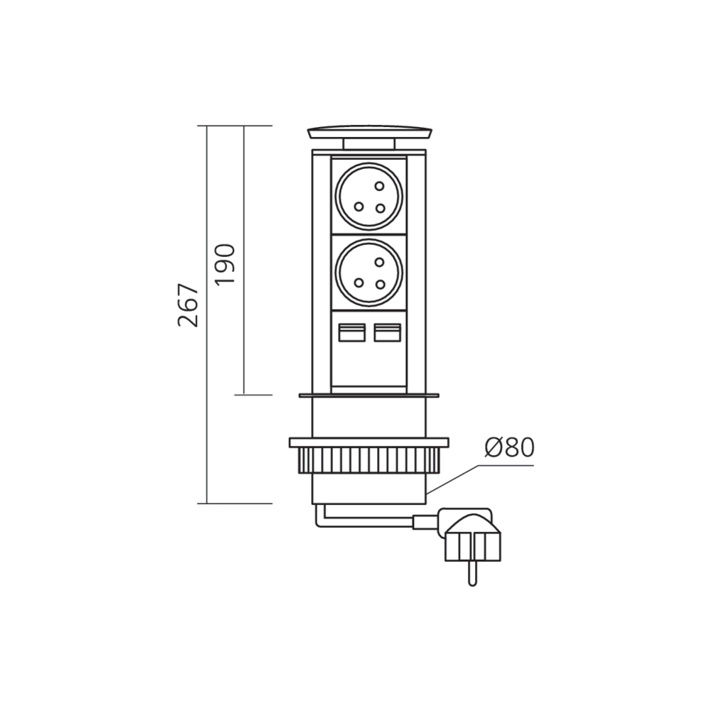 Bloc prises encastrable avec USB A diamètre 80
