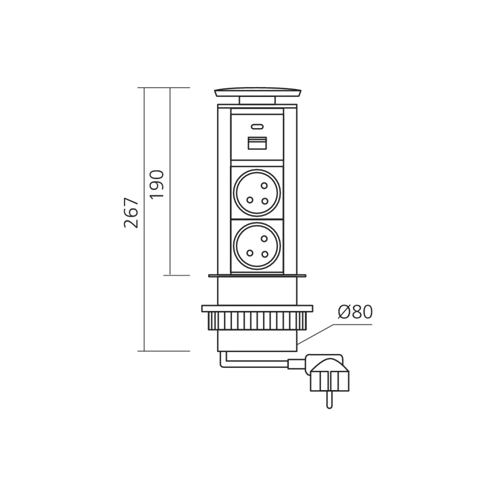 Bloc prises encastrable avec USB A diamètre 80