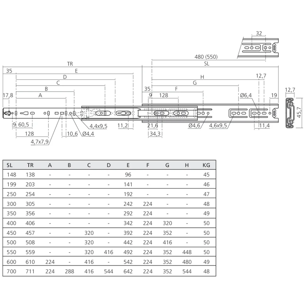 Coulisses à billes sortie totale 50 kg