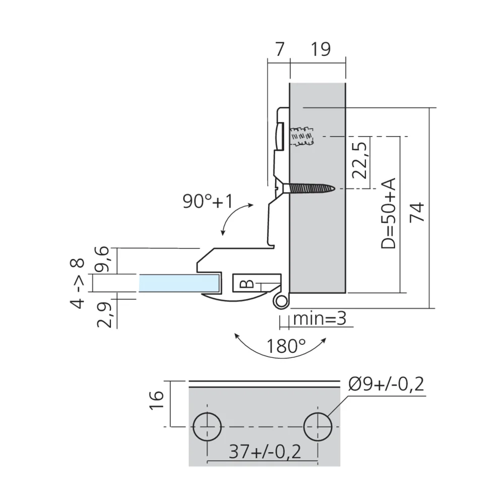 Charnière clipsable à nœud pour porte en verre
