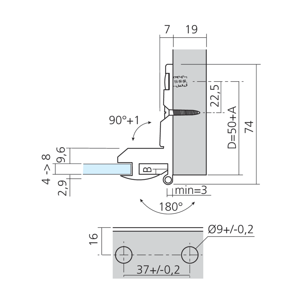 Charnière clipsable à nœud pour porte en verre