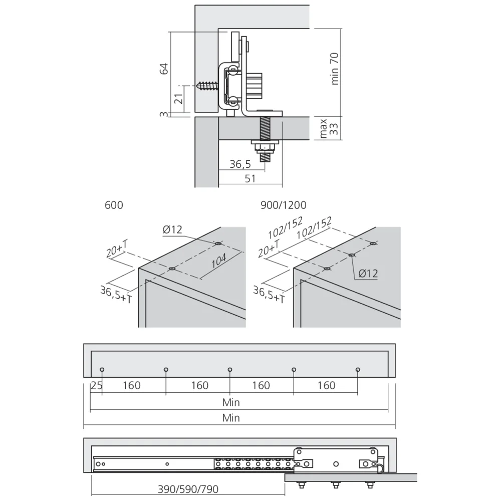 Coulisses de plan de travail 120 kg