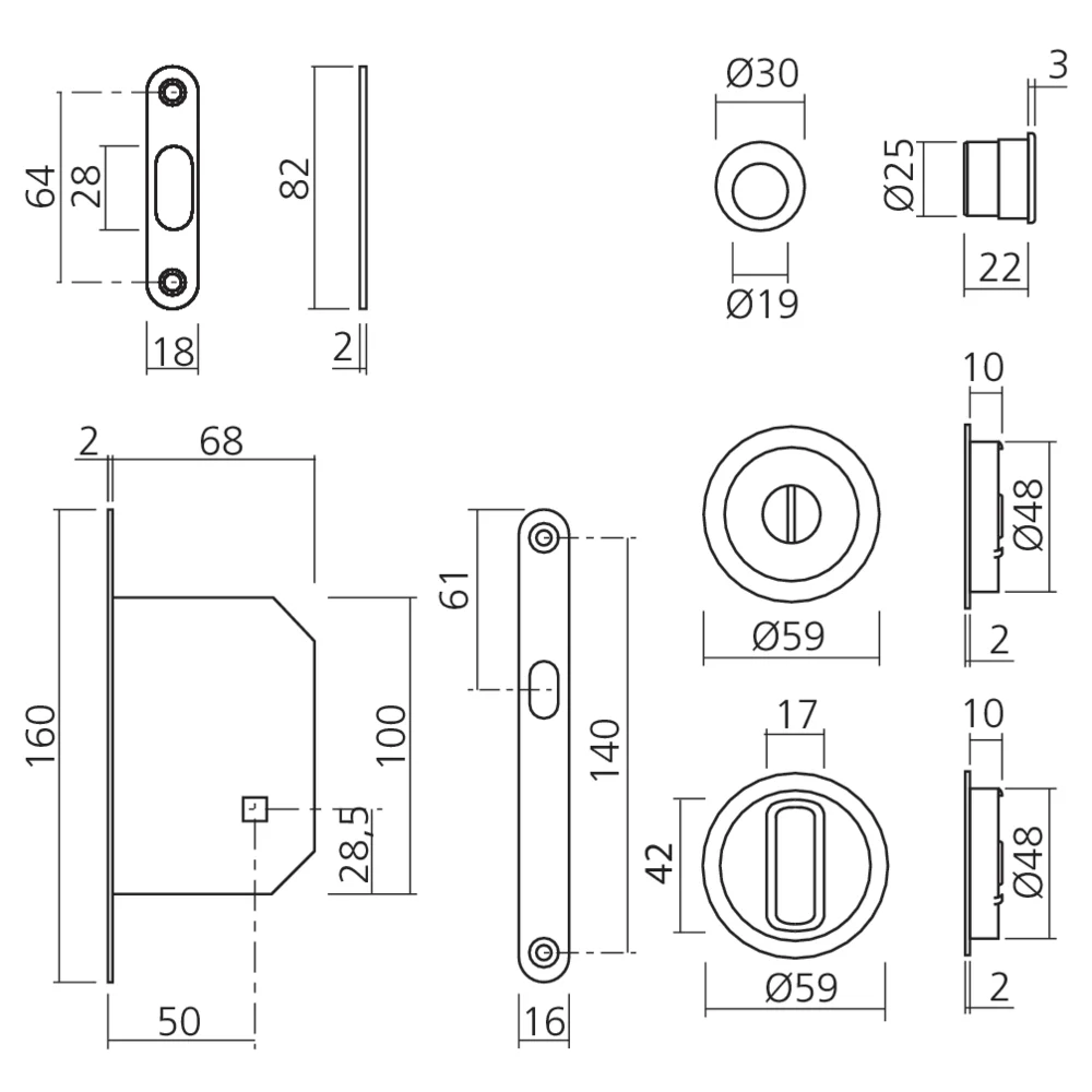 Ensemble rond fermeture porte coulissante