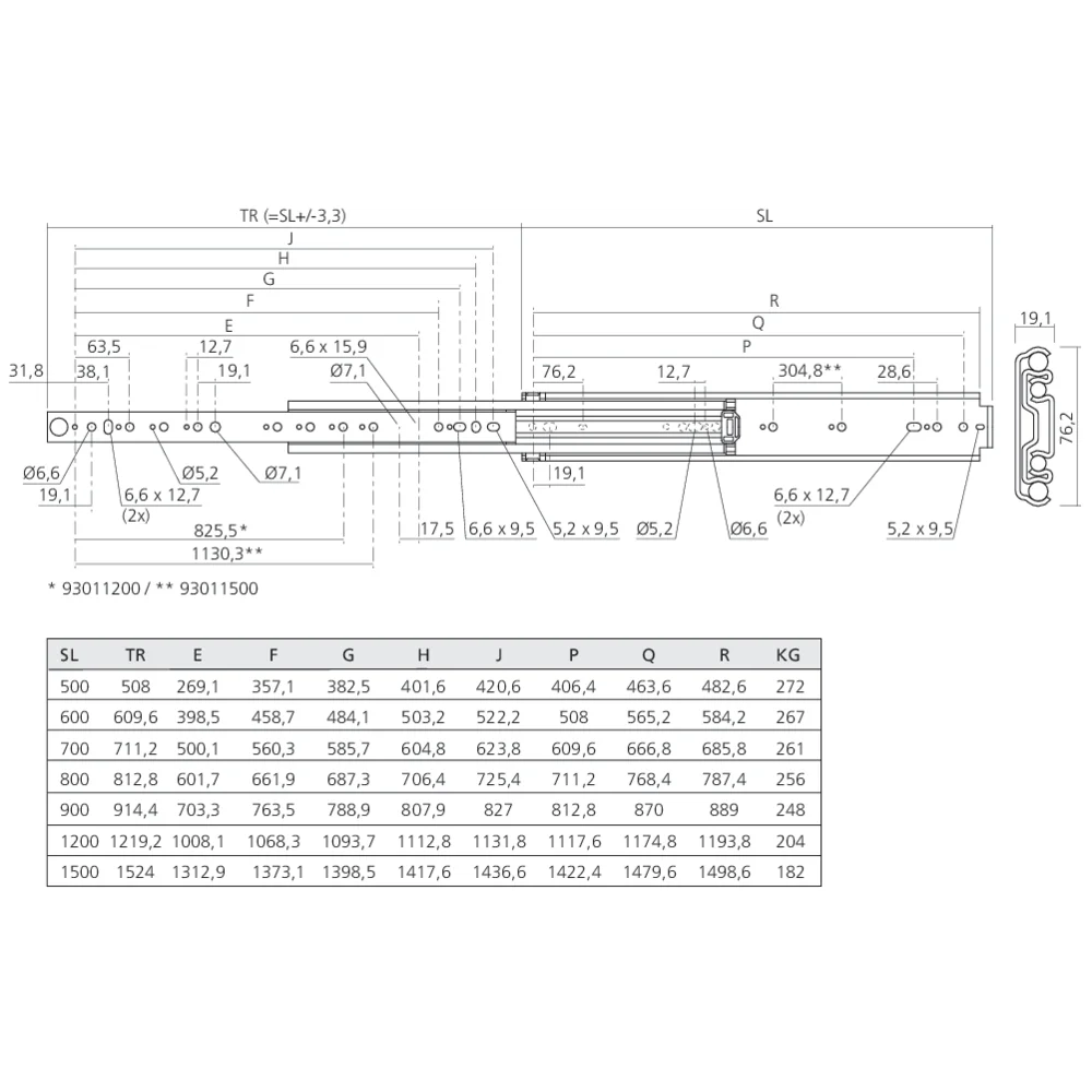 Coulisses à billes sortie totale 272 kg