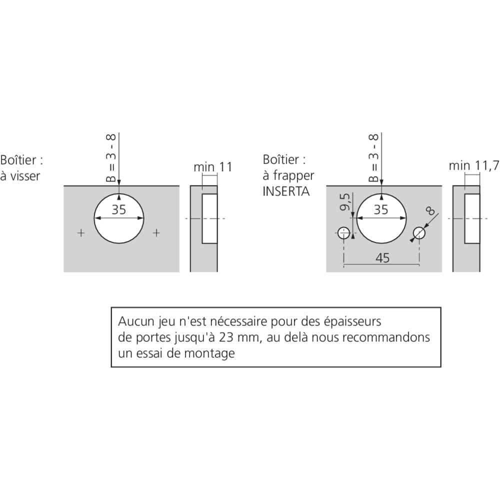 Charnière CLIP top 155° pour porte en semi-applique sans ressort