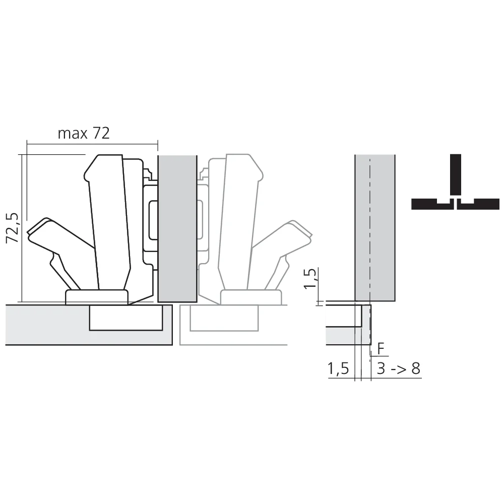 Charnière CLIP top 155° pour porte en semi-applique sans ressort