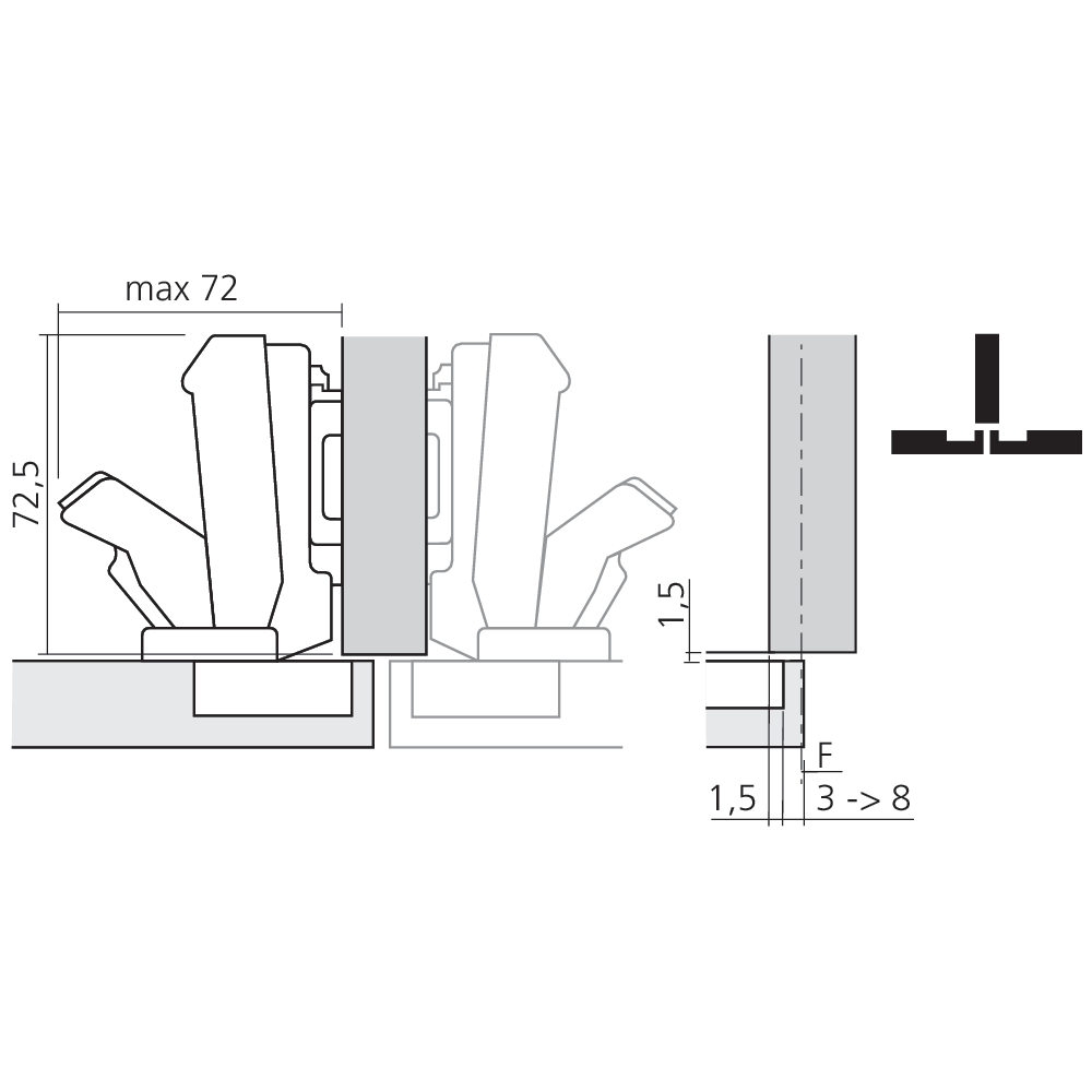 Charnière CLIP top 155° pour porte en semi-applique sans ressort
