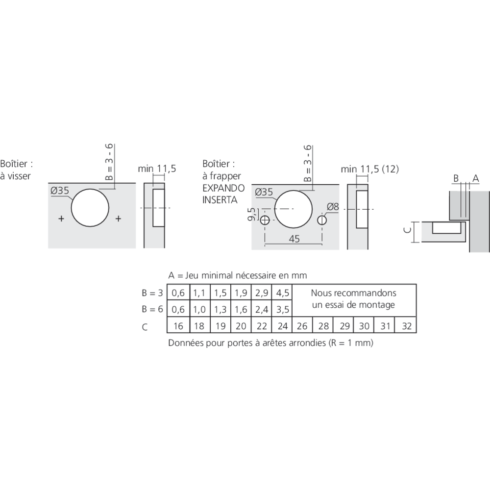 Charnière CLIP top à 107° pour porte en semi-applique