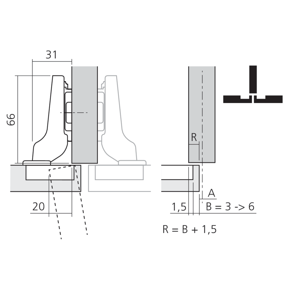 Charnière CLIP top à 107° pour porte en semi-applique