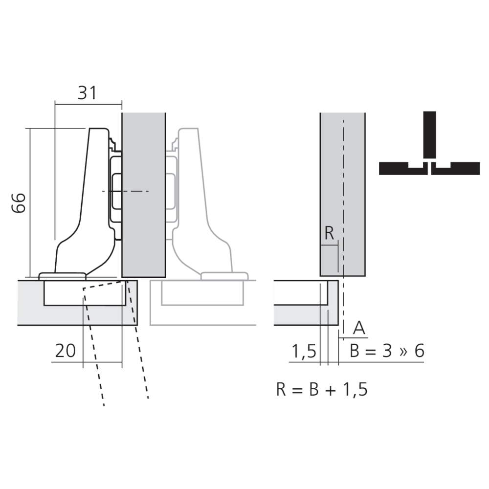 Charnière CLIP top à 107° pour porte en semi-applique