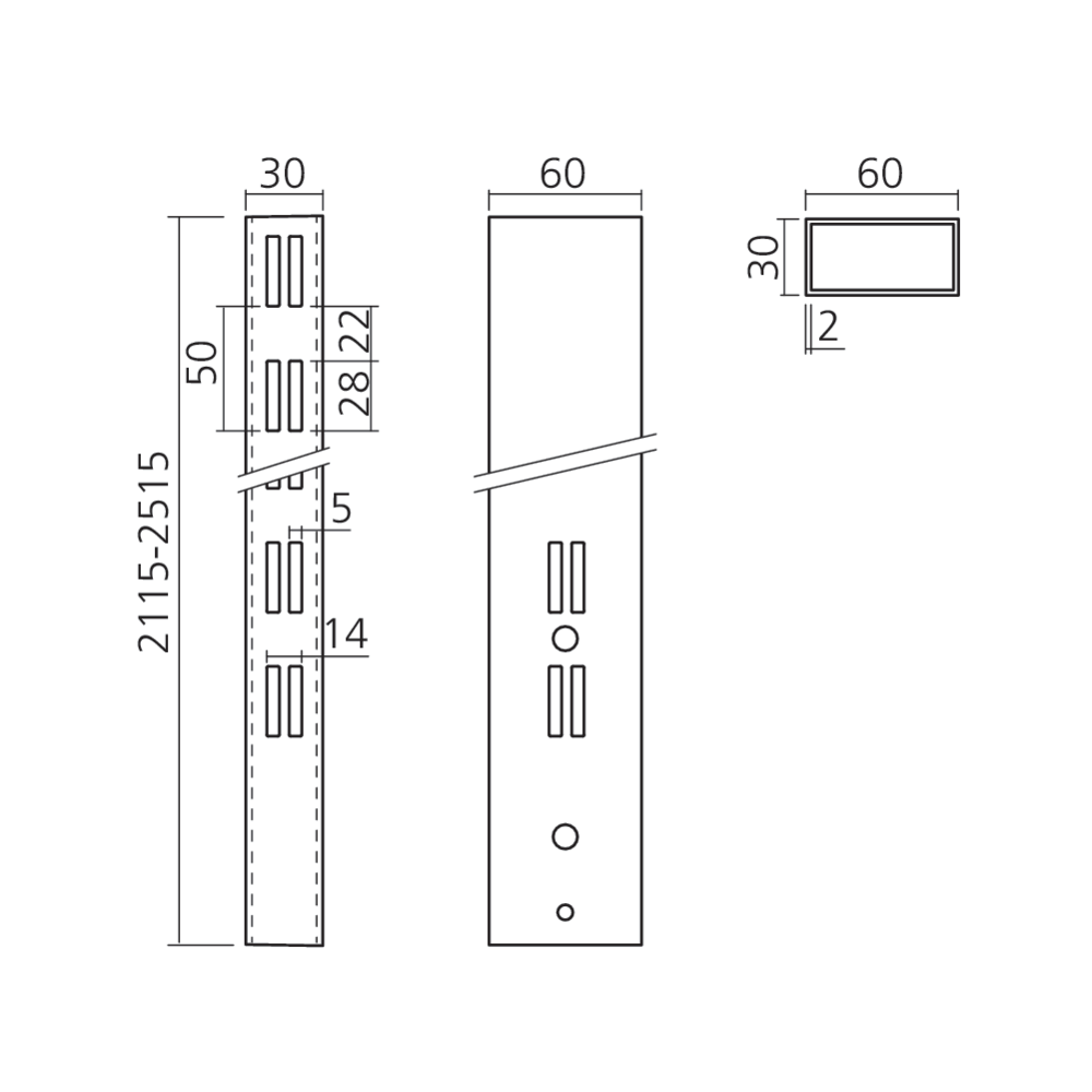 Montant rectangulaire 60 x 30 mm