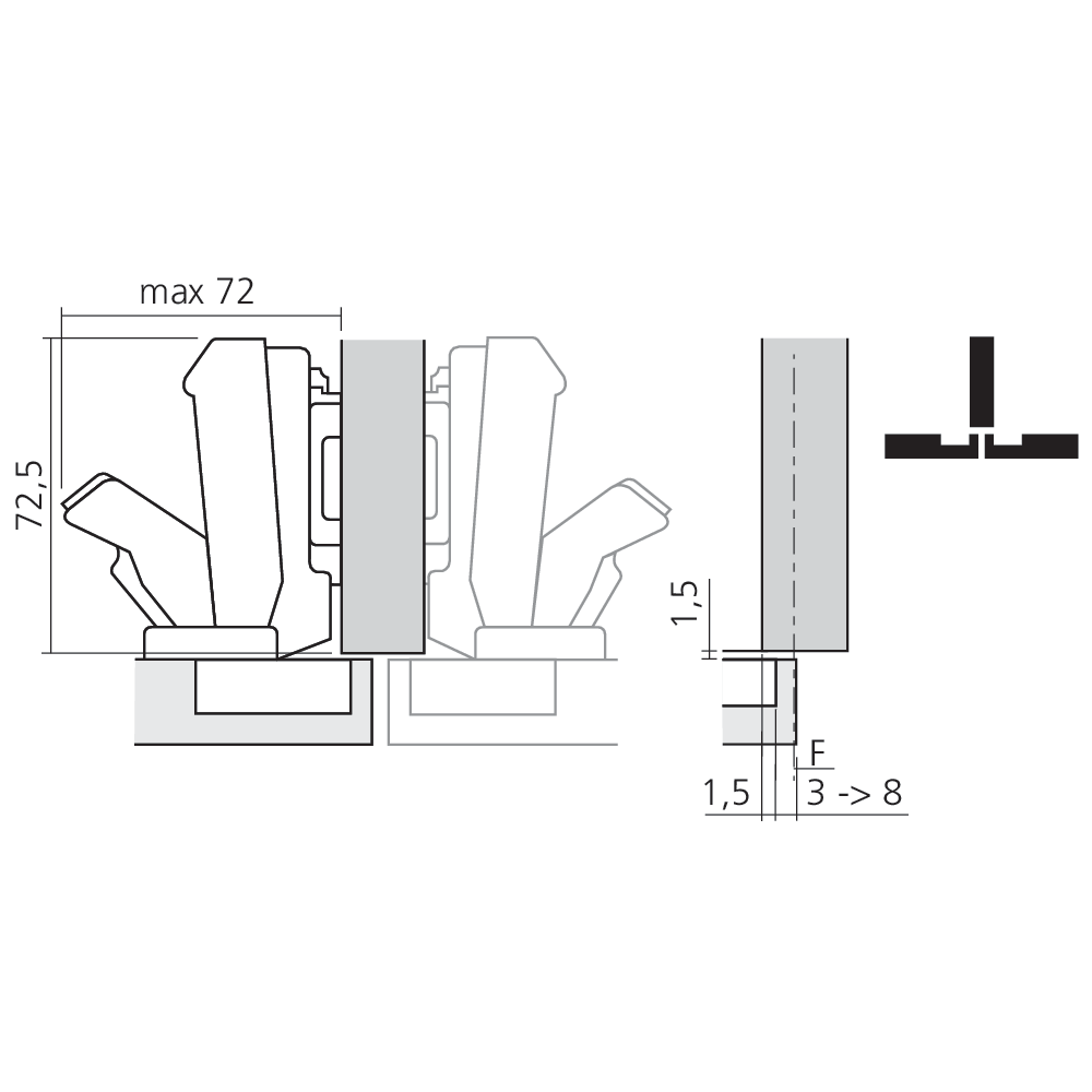 Charnière CLIP top 155° pour porte en semi-applique