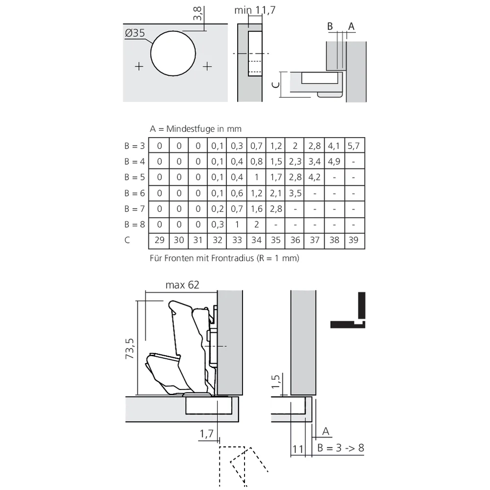 Charnière CLIP top BLUMOTION 125° pour porte épaisse
