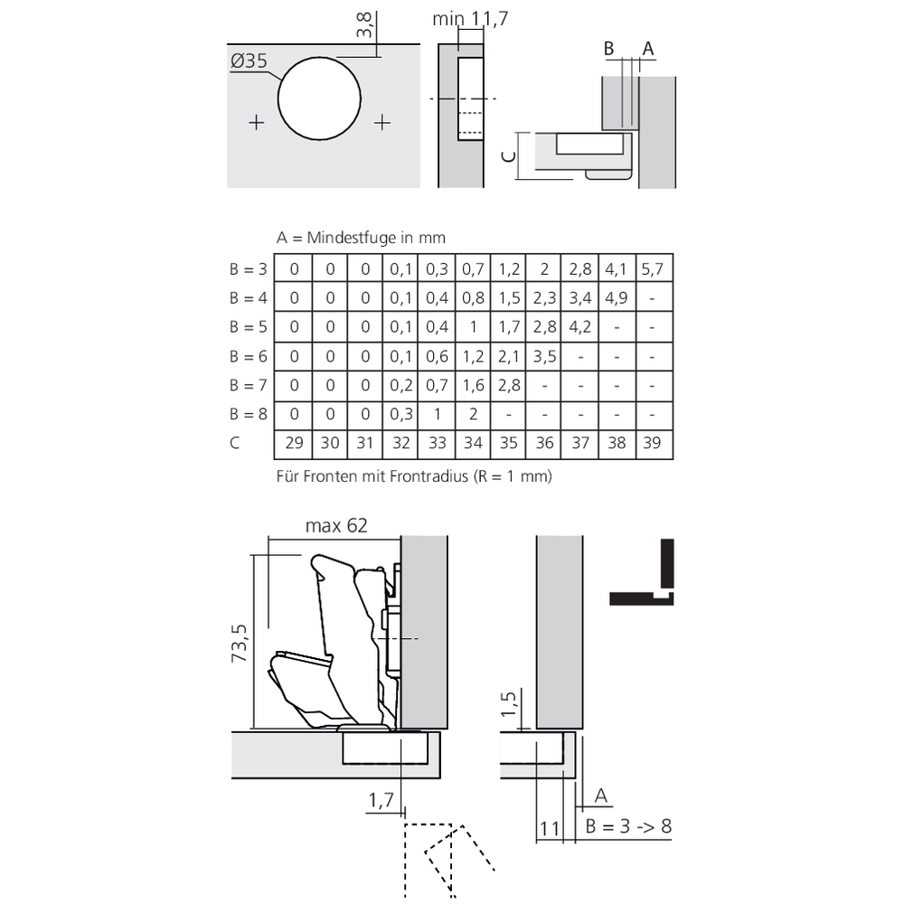 Charnière CLIP top BLUMOTION 125° pour porte épaisse