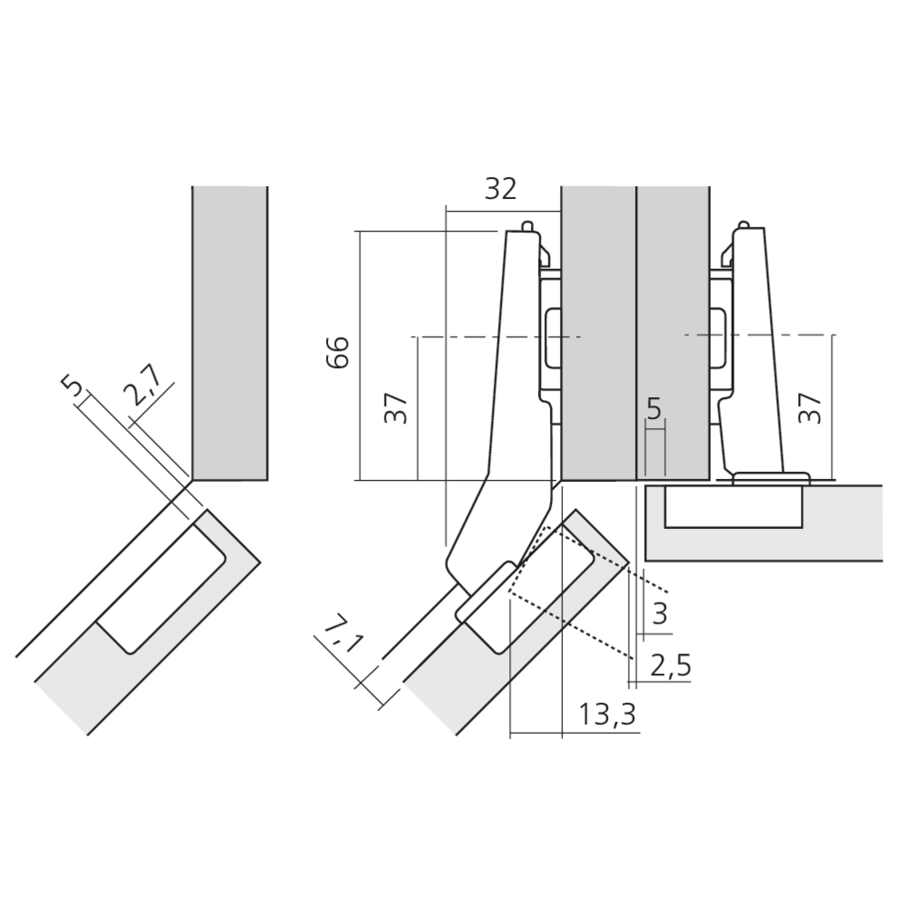 Charnière CLIP top BLUMOTION pour porte à +45° ouverture 110°