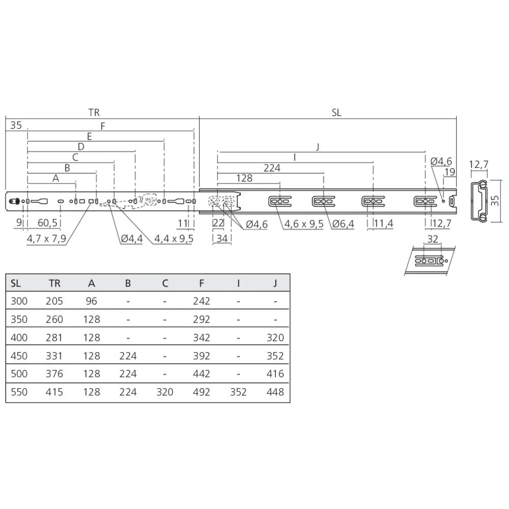 Coulisses à billes sortie simple 35 kg