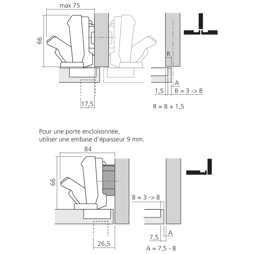 Charnière CLIP top à 170° pour porte semi-applique ou encloisonnée