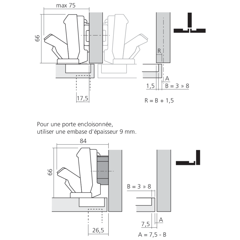 Charnière CLIP top à 170° pour porte semi-applique ou encloisonnée
