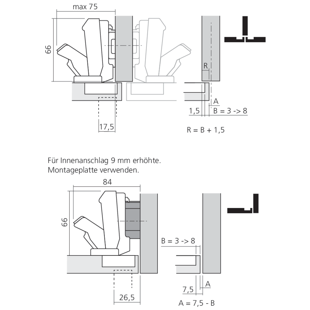 Charnière CLIP top à 170° pour porte semi-applique ou encloisonnée