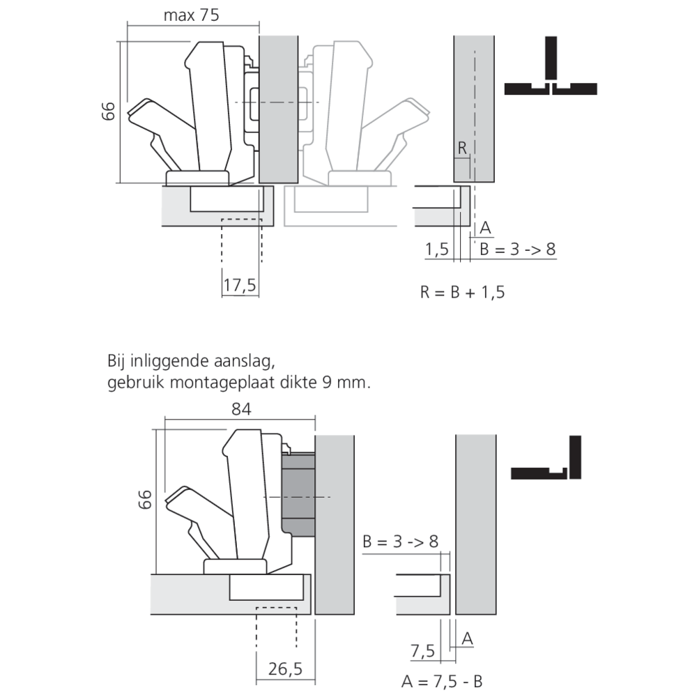 Charnière CLIP top à 170° pour porte semi-applique ou encloisonnée