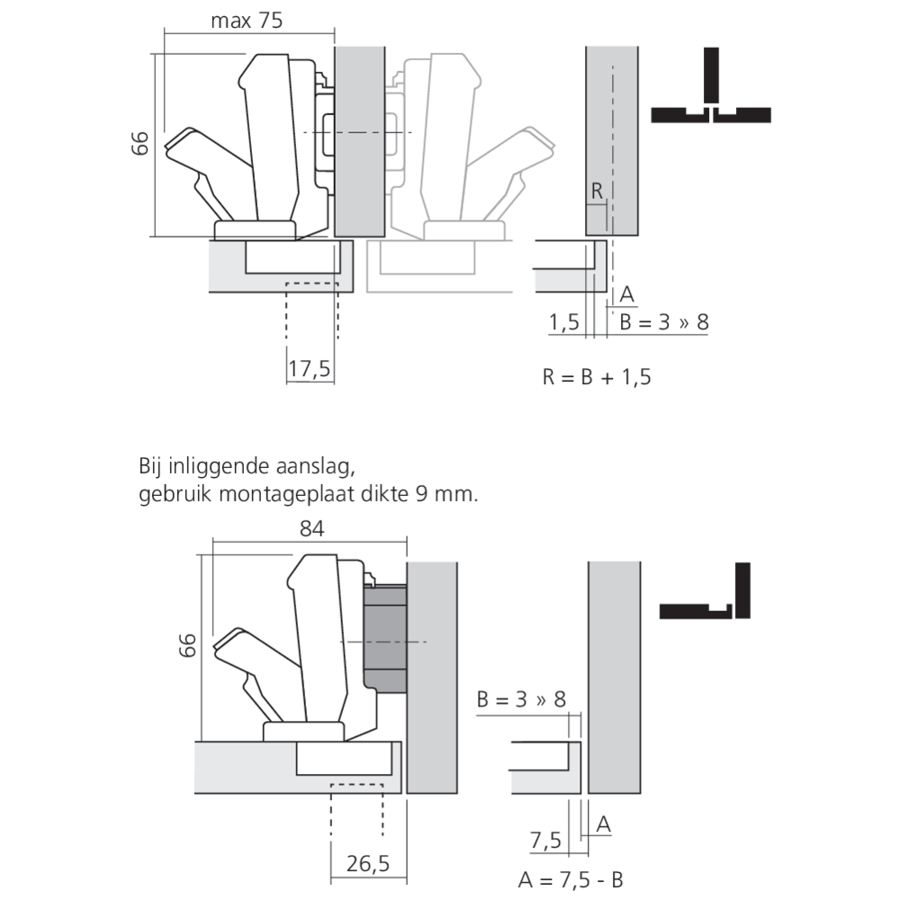 Charnière CLIP top à 170° pour porte semi-applique ou encloisonnée