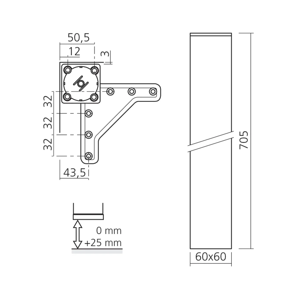 Pied de table carré 60 mm