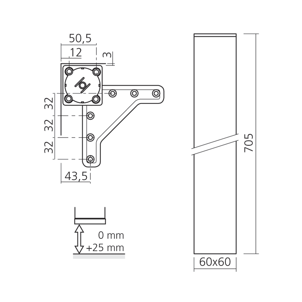 Pied de table carré 60 mm