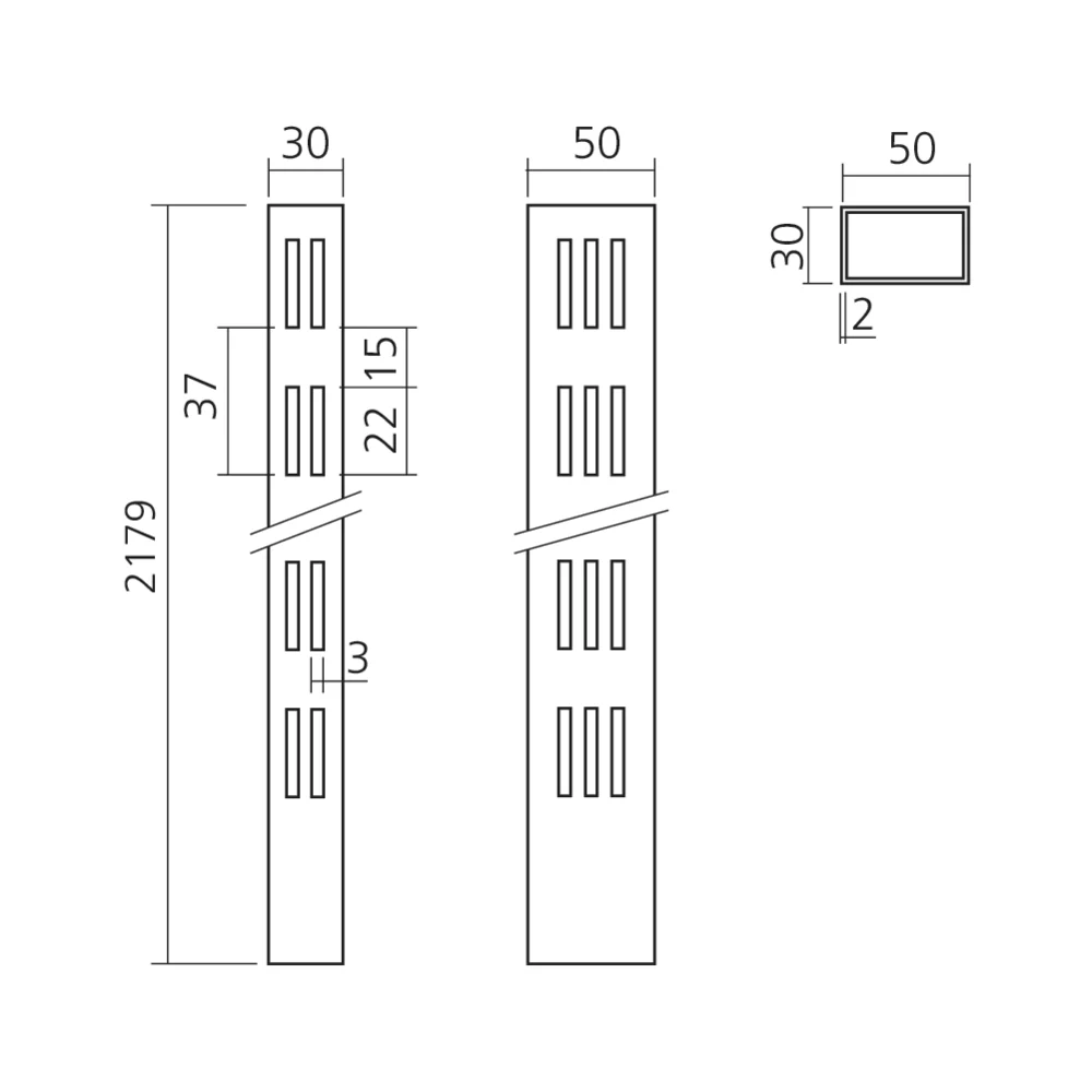Montant rectangulaire double face 50 x 30 mm
