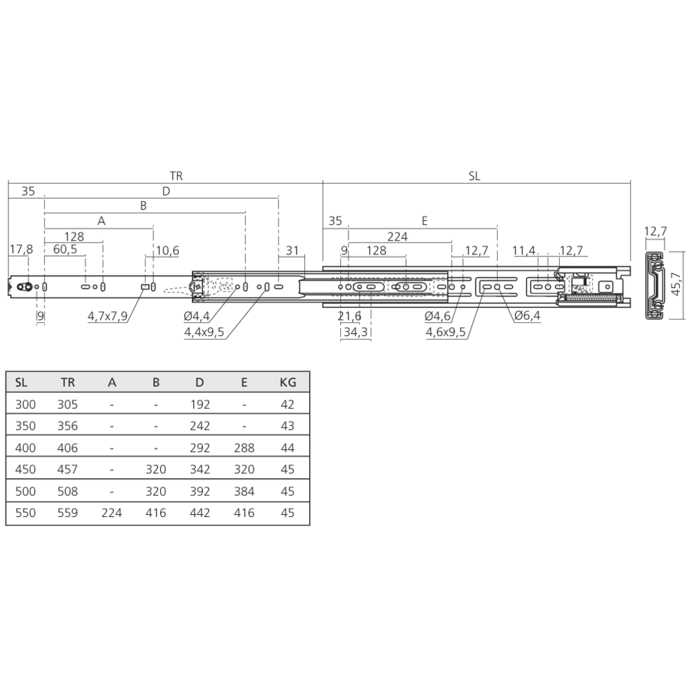 Coulisses à billes sortie totale touche-lâche 45 kg