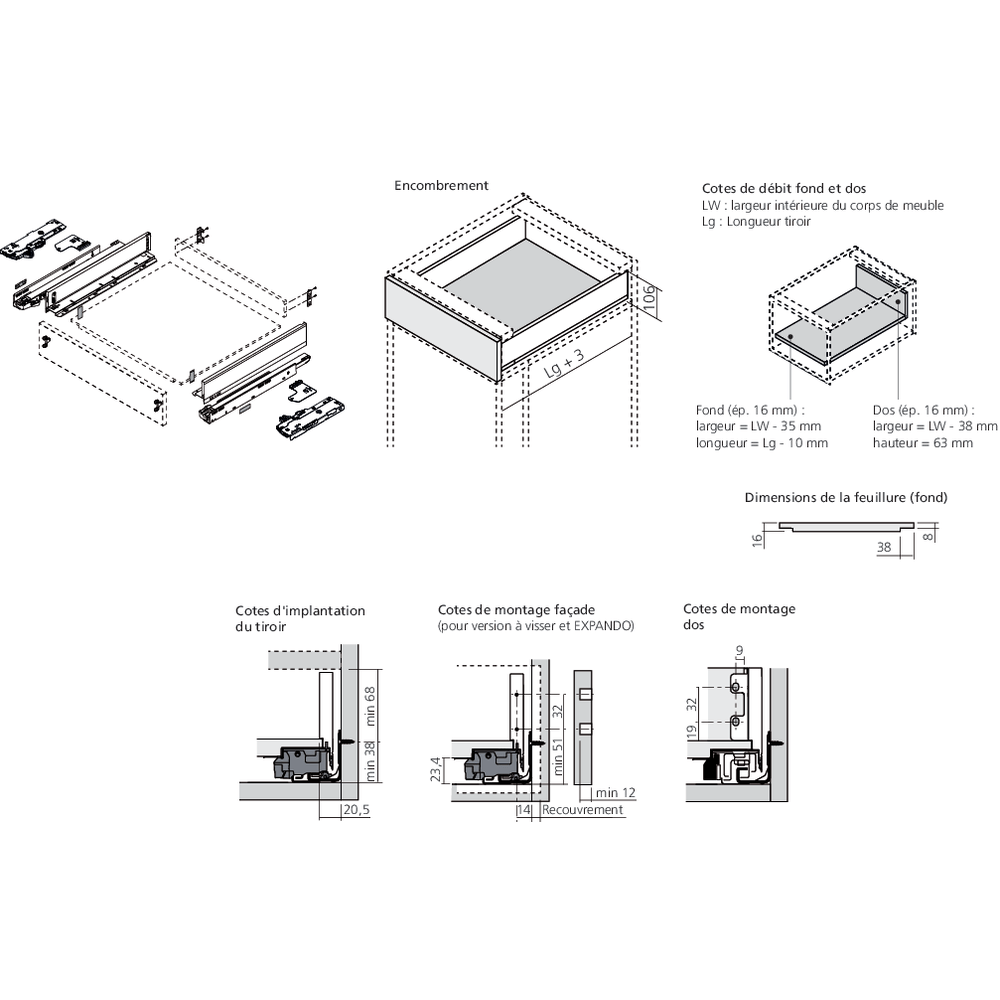 LÉGRABOX BLUMOTION / TIP-ON BLUMOTION blanc soie mat hauteur M