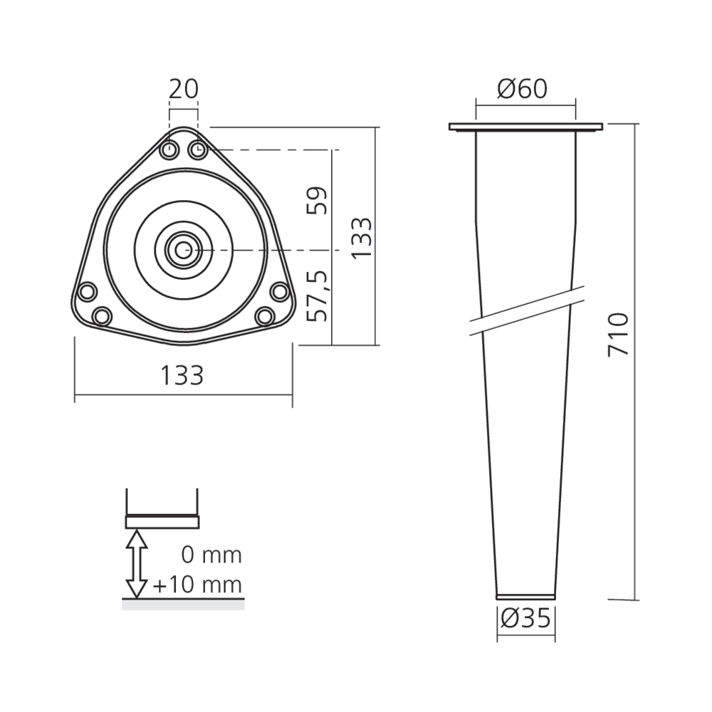 Pied de table conique Ø60 mm