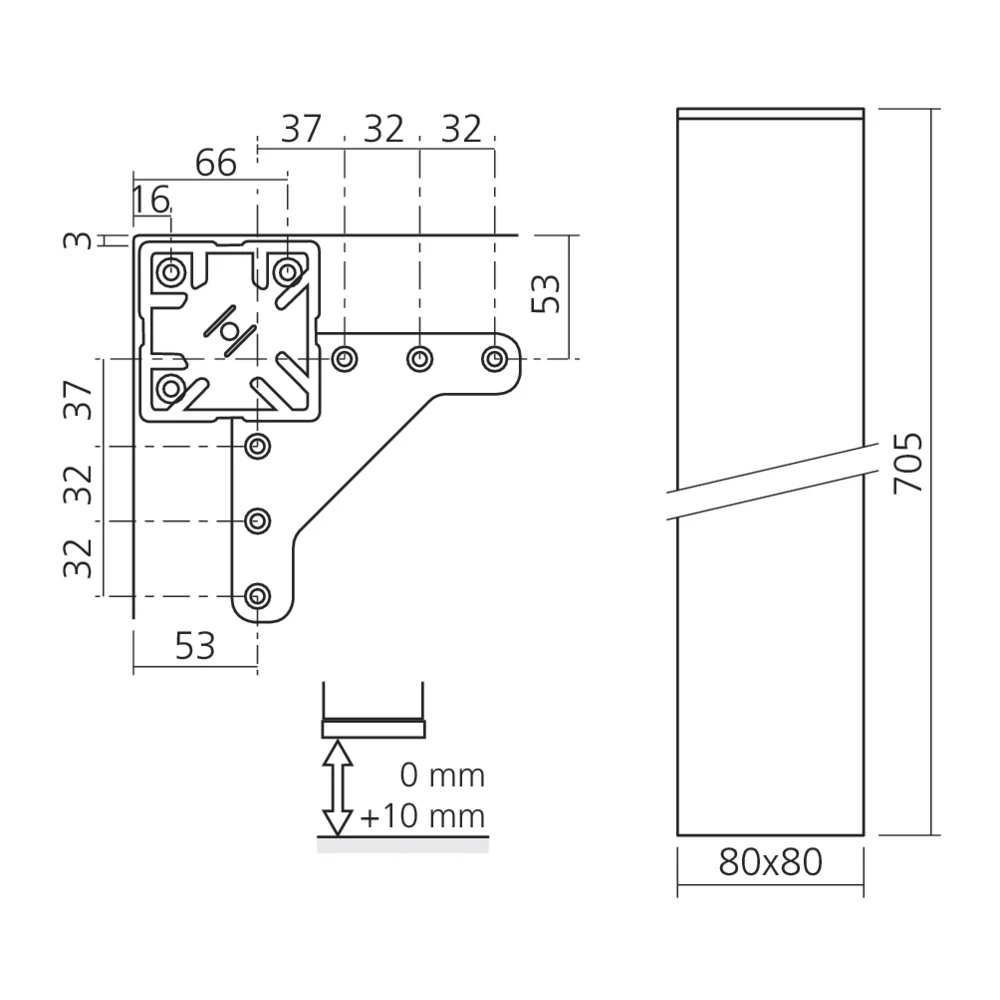 Pied de table carré 80 mm
