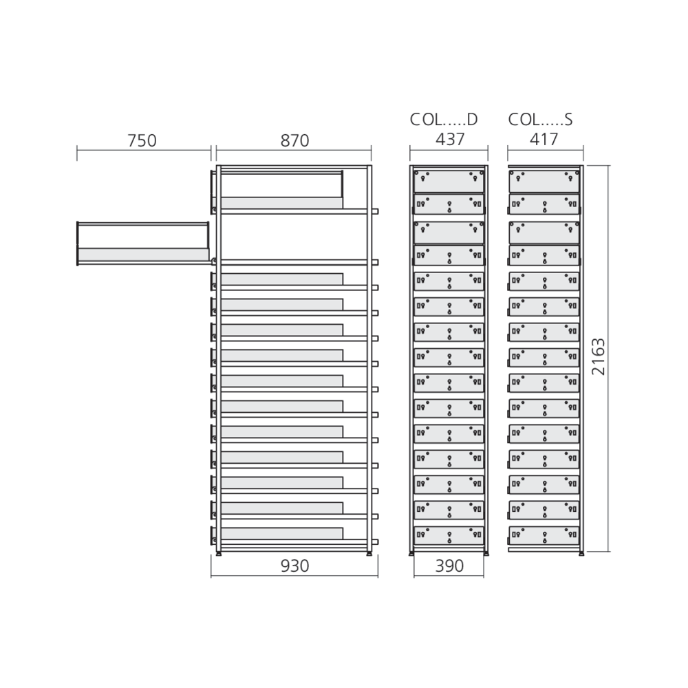 Colonne 11 tiroirs simples 2 doubles en 750 mm