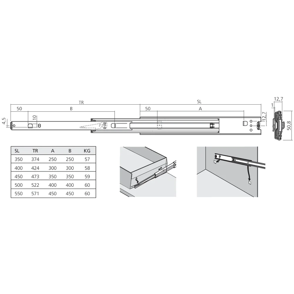 Coulisses à billes sortie totale avec crevés de fixation 60 kg