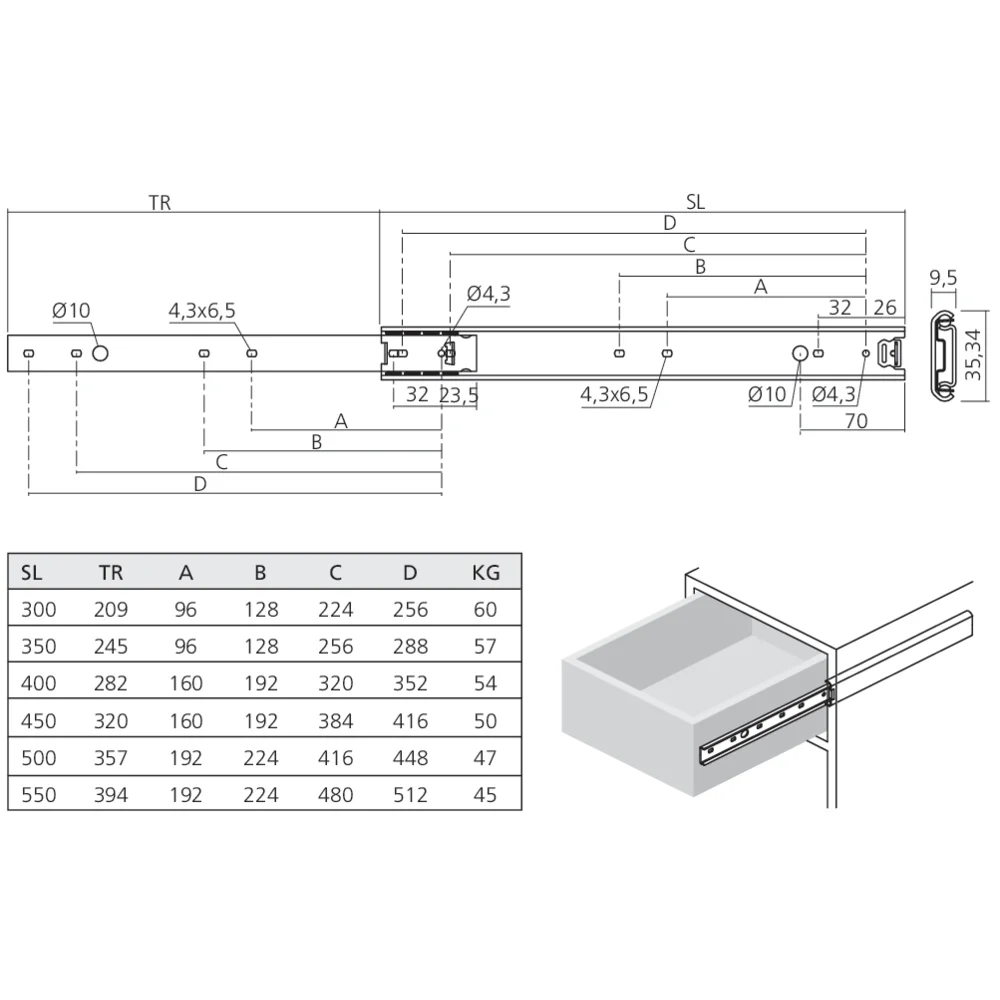 Coulisses à billes sortie simple inox 60 kg