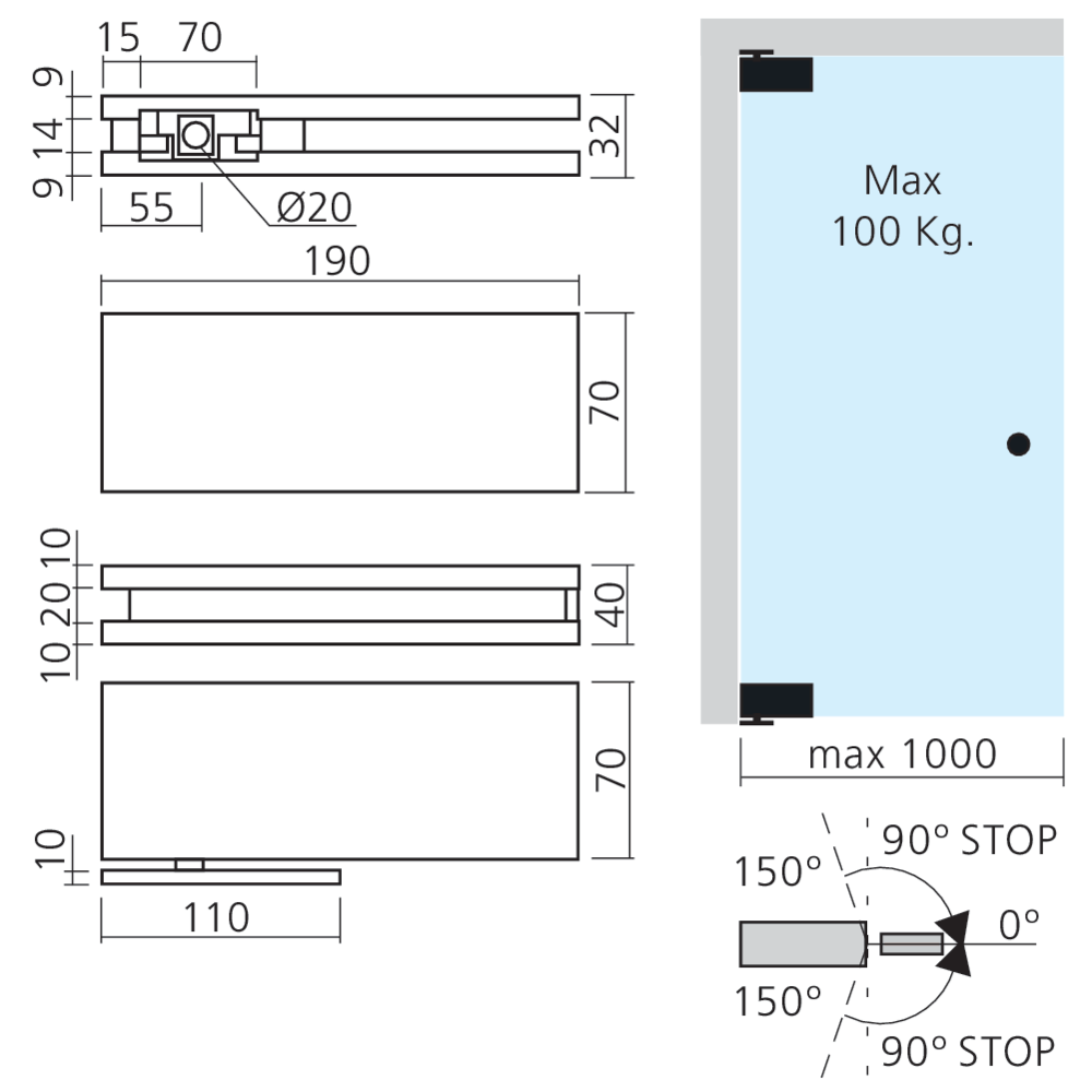 Pivot pour porte en verre 100 kg