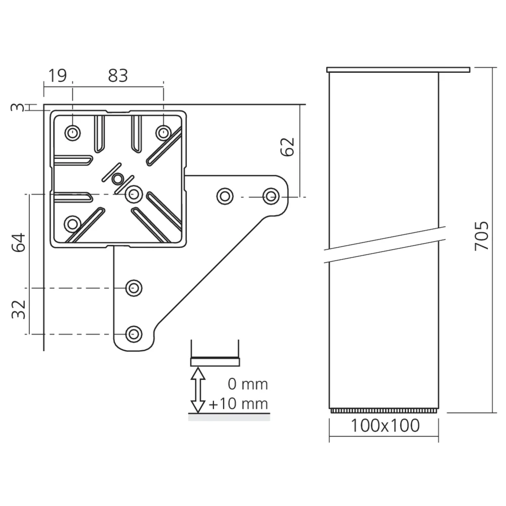Pied de table carré 100 mm