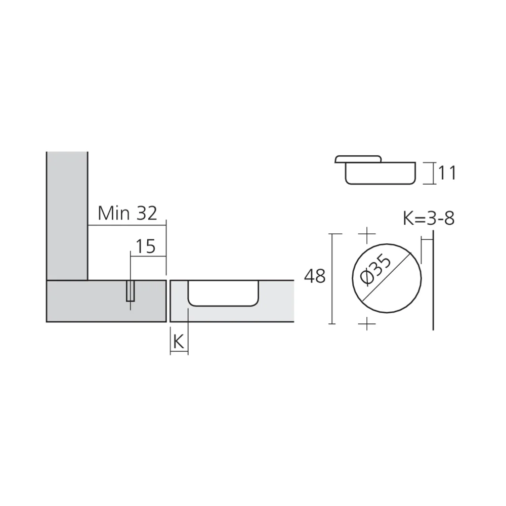 Charnière à prolongement bras court