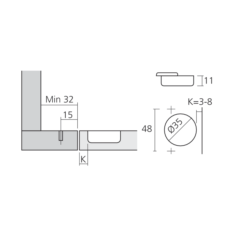 Charnière à prolongement bras court