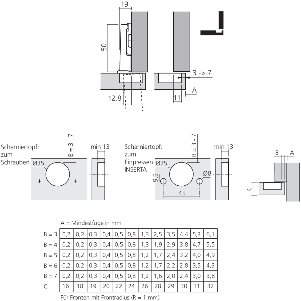 Charnière MODUL frigo pour porte en applique