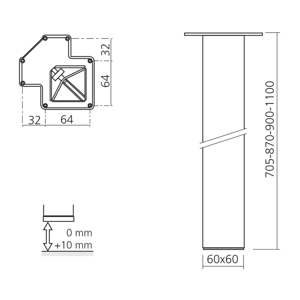 Pied de table carré 60 mm