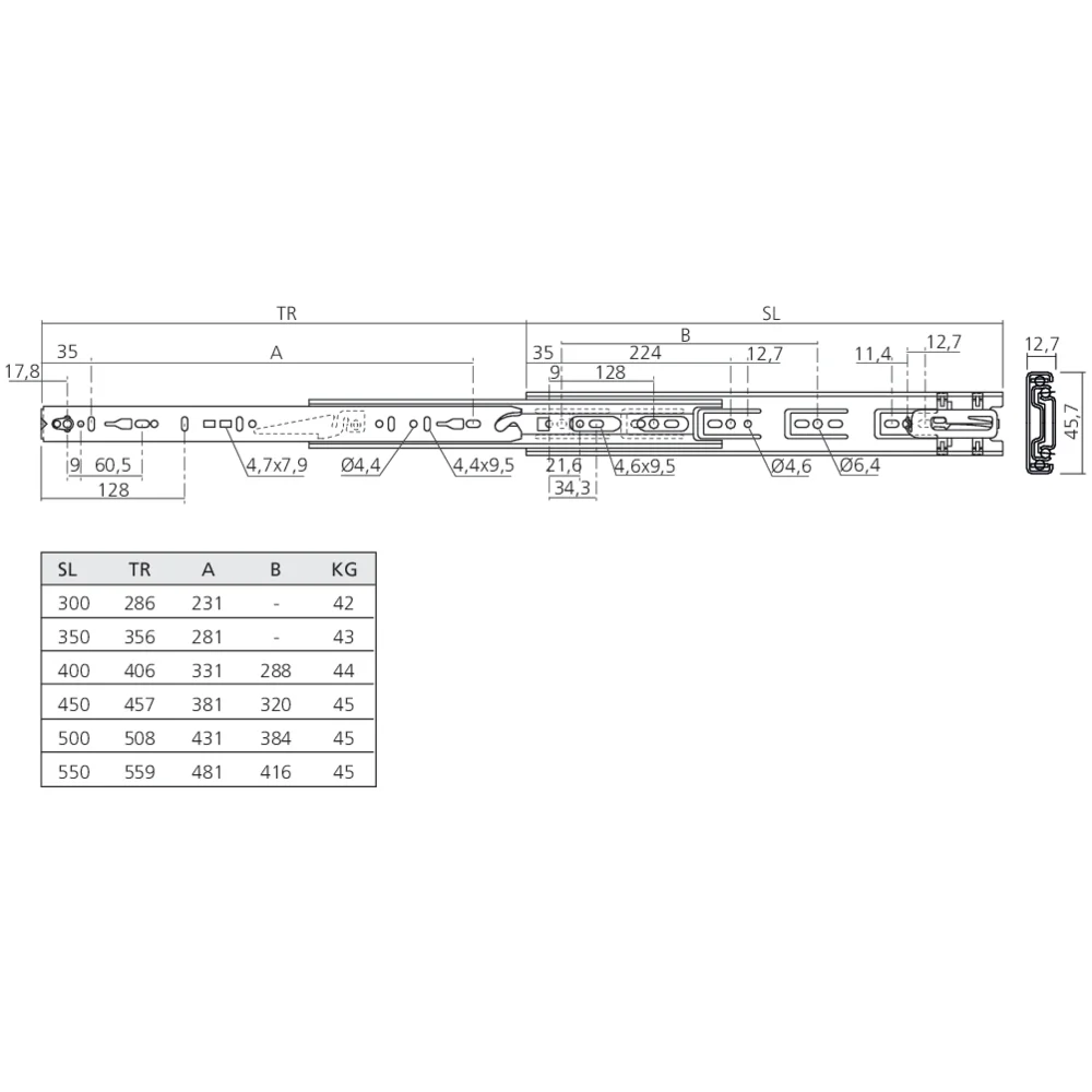 Coulisses à billes sortie totale à rentrée automatique 45 kg