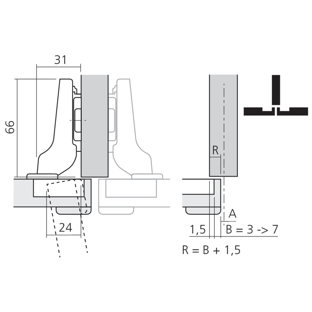 Charnière CLIP top BLUMOTION 95° pour porte épaisse en semi-applique