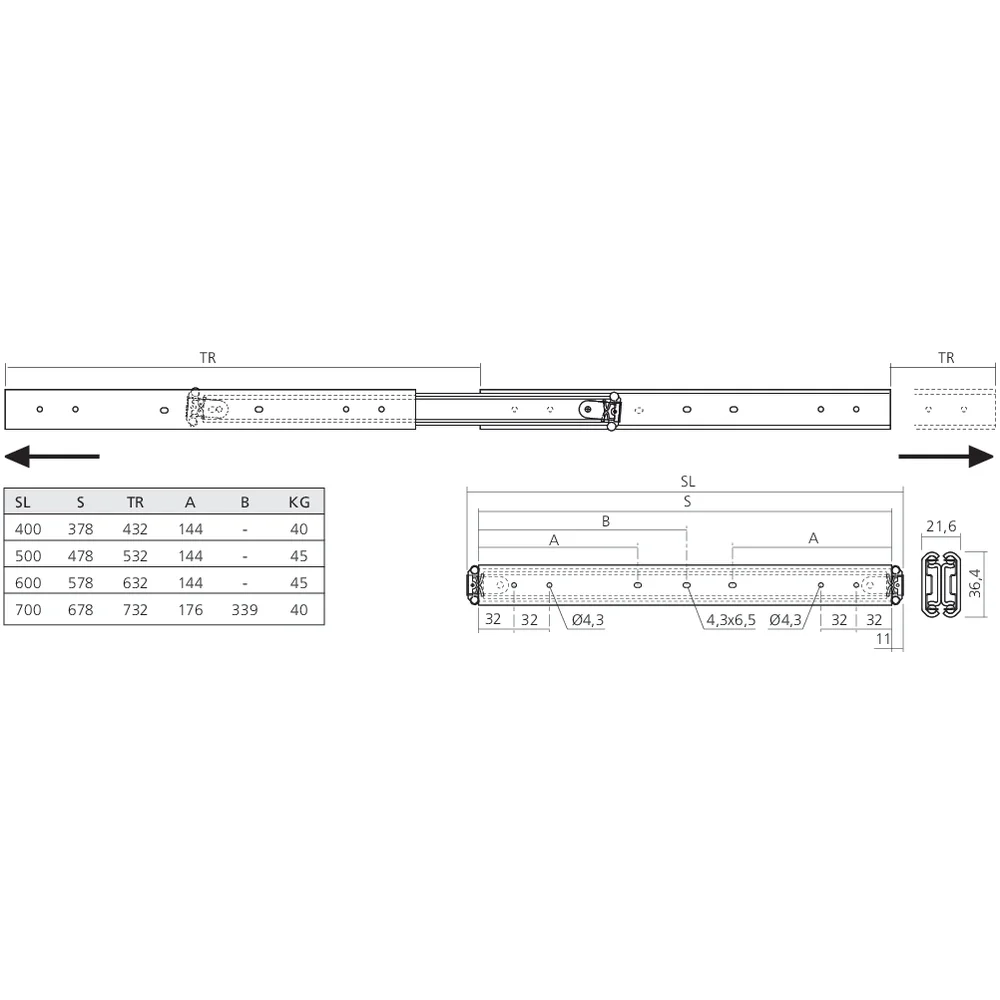 Coulisses à billes double course 45 kg