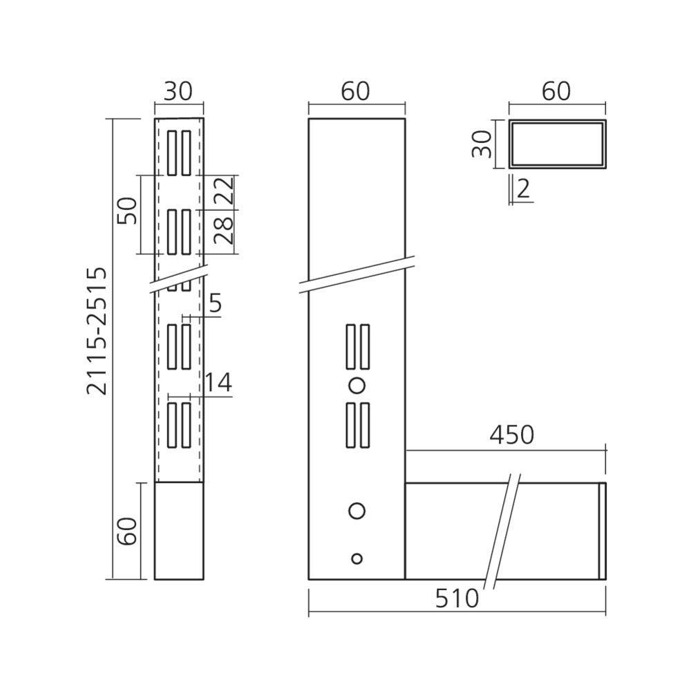 Montant de rayonnage simple face 60 x 30 mm